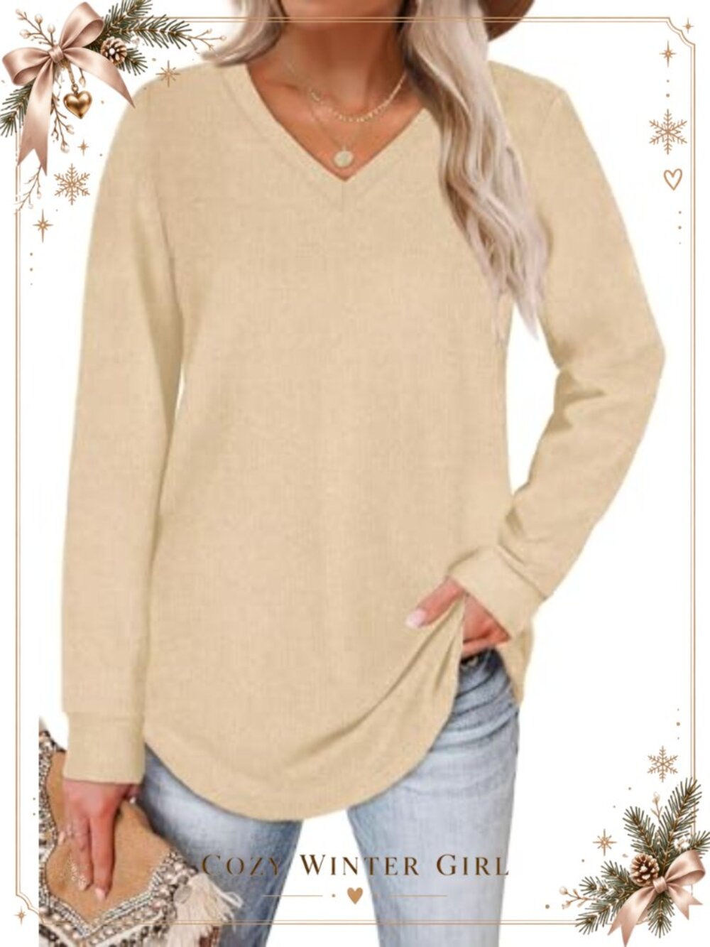 Womens V Neck Long Sleeve Tunic Top Loose Casual Lightweight Sweater